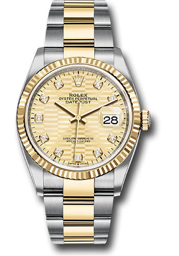 Rolex Stainless Steel And Yellow Gold Datejust - 36 MM - Oyster Bracelet - Fluted Bezel - Golden Fluted Motif Diamond Dial - 126233 gflmdo