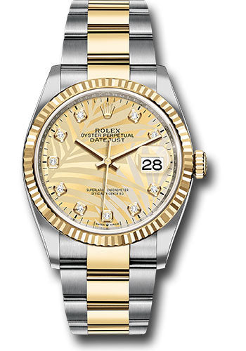 Rolex Stainless Steel And Yellow Gold Datejust - 36 MM - Oyster Bracelet - Fluted Bezel - Golden Palm Motif Diamond Dial - 126233 gpmdo