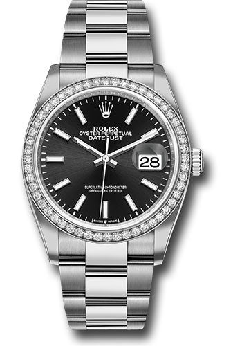 Rolex Stainless Steel And White Gold Datejust - 36 MM - Oyster Bracelet - Diamond Bezel - Black Index Dial - 126284RBR bkio