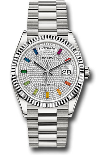 Rolex Presidential White Gold Day-Date 36MM - President Bracelet Watch - Diamond Paved Rainbow Sapphire Dial - 128239 dprsp