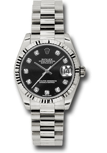 Rolex White Gold Datejust - 31 MM - President Bracelet - Fluted Bezel - Black Diamond Dial - 178279 bkdp