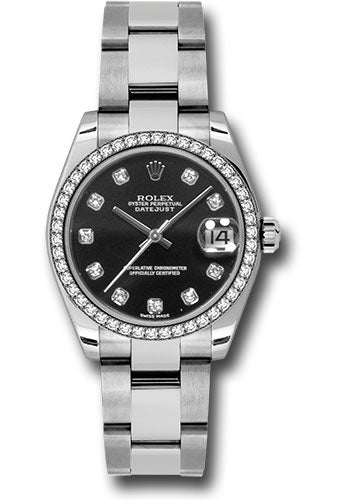 Rolex Stainless Steel Datejust - 31 MM - Oyster Bracelet - 46 Diamond Bezel - Black Diamond Dial - 178384 bkdo