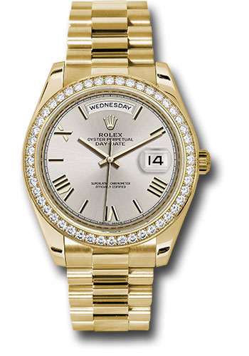 Rolex Yellow Gold Day-Date 40 MM - President Bracelet - Diamond Bezel - Silver Bevelled Roman Dial - 228348RBR sdrp