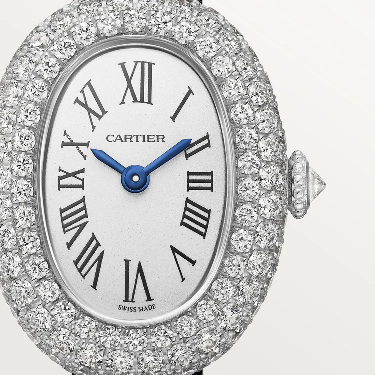 Cartier Baignoire de Cartier White Gold 24.6 MM - Navy Blue Calfskin Strap - Diamond Bezel - Silvered Dial - WJBA0036