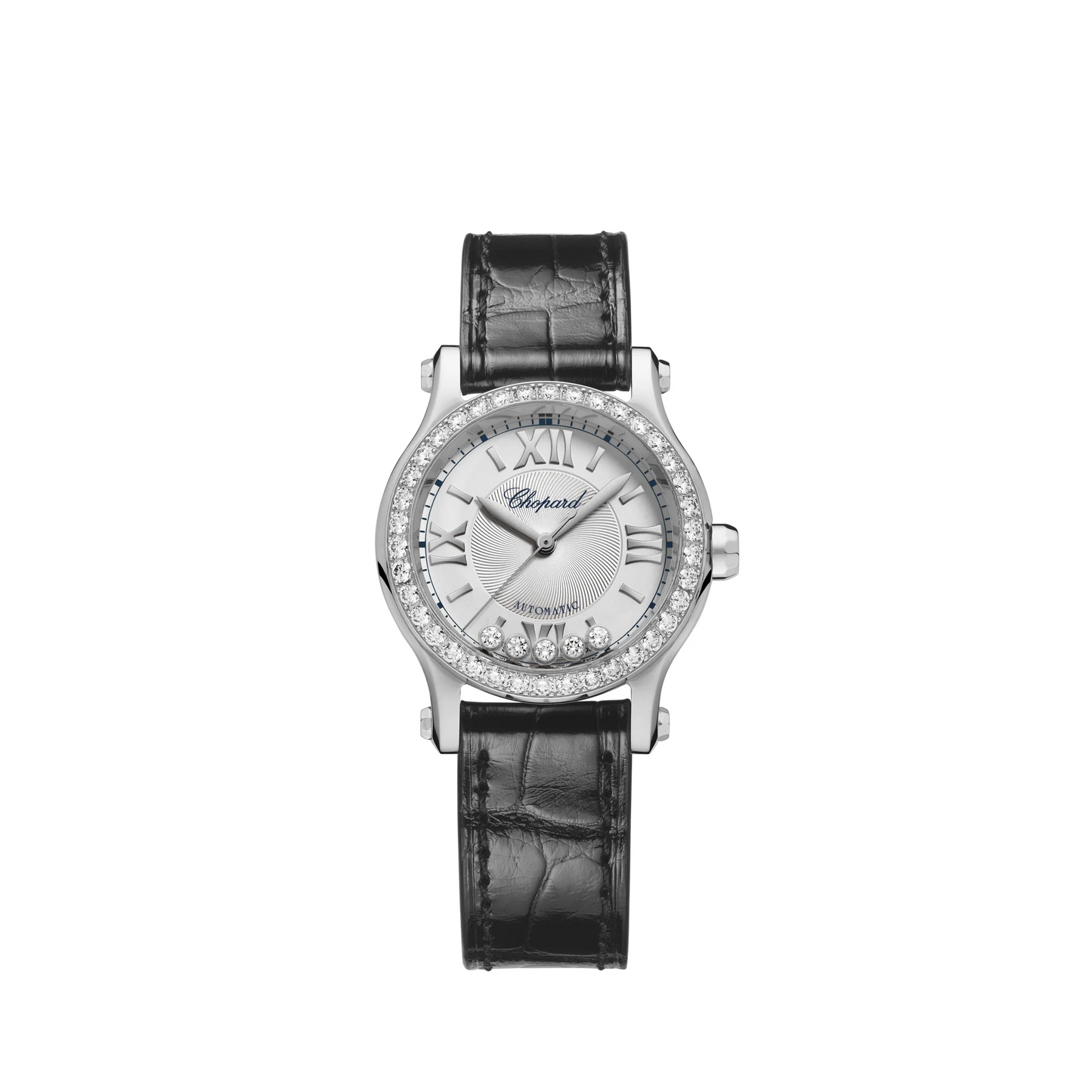 Chopard Happy Sport Stainless Steel 30 MM - Black Alligator Strap - Diamond Bezel - White Diamond Dial - 278573-3013