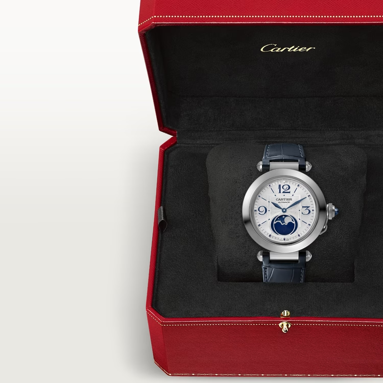 Cartier Pasha de Cartier Steel 41 MM - Blue Alligator Leather Strap - Second Strap in Gray Alligator Leather - Silver Flinqué Dial - WSPA0030
