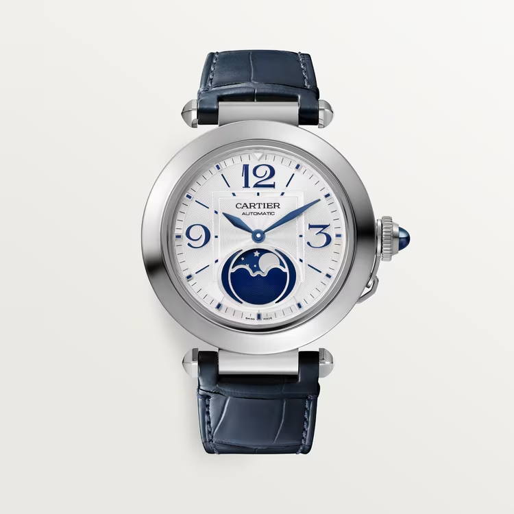 Cartier Pasha de Cartier Steel 41 MM - Blue Alligator Leather Strap - Second Strap in Gray Alligator Leather - Silver Flinqué Dial - WSPA0030