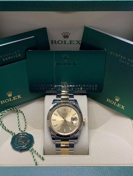 126333 41mm Datejust Two Tone Yellow Gold Oyster Champagne Dial Brand New 2025 Complete Set $15,999