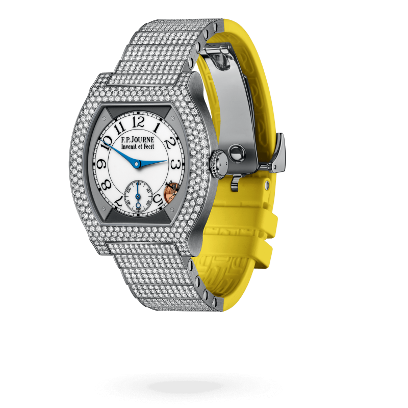 F.P. Journe Elégante Titanium with 12 rows of diamonds and set bracelet Titanium 40 x 35 MM - Titanium Diamond Bracelet And Yellow Rubber Strap - Diamond Bezel - White Dial - Titanium with 12 rows of diamonds and set bracelet