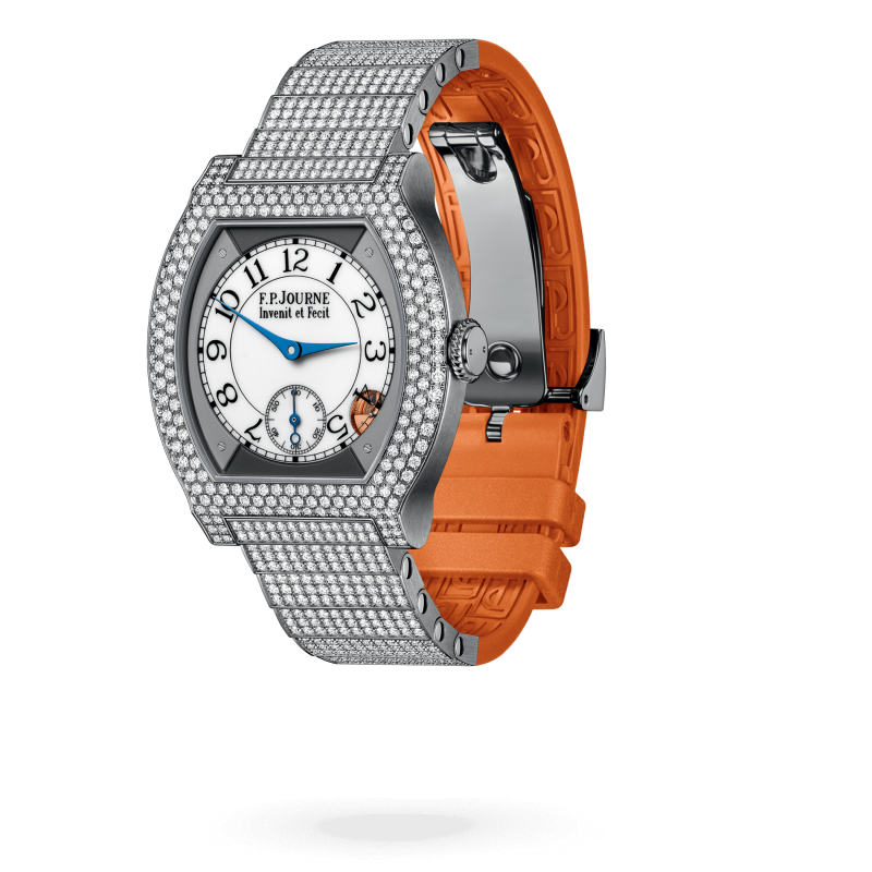 F.P. Journe Elégante Titanium with 12 rows of diamonds and set bracelet Titanium 40 x 35 MM - Titanium Diamond Bracelet And Orange Rubber Strap - Diamond Bezel - White Dial - Titanium with 12 rows of diamonds and set bracelet