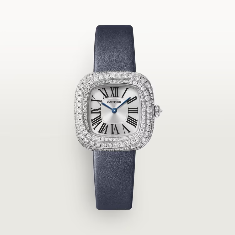 Cartier Coussin de Cartier White Gold 30.4 MM - Blue Calfskin Strap - Diamond Bezel - Silvered Sunray Dial - WJCS0003