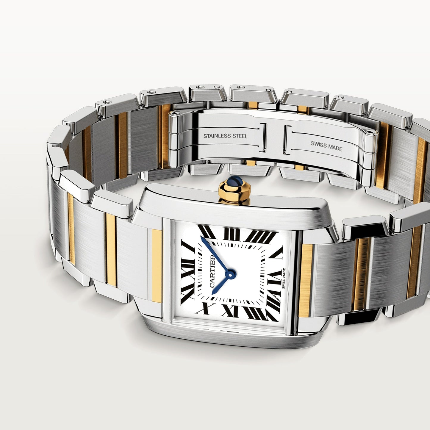 Cartier Tank Stainless Steel (Medium Model) 30 MM - Stainless Steel and Yellow Gold Bracelet - Stainless Steel Bezel - White Dial - W2TA0003