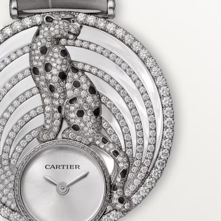 Cartier Panthére White Gold 35 MM - Shiny Gray Alligator Strap - Diamond Bezel - Silvered Sunray Effect Dial - HPI01014
