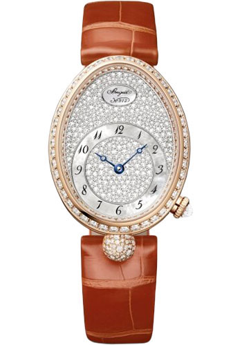 Breguet Reine de Naples Rose Gold 28.48 MM - Brown Leather Strap - Diamond Bezel - Diamond Paved Dial - 8938BR/8D/964/DD0D