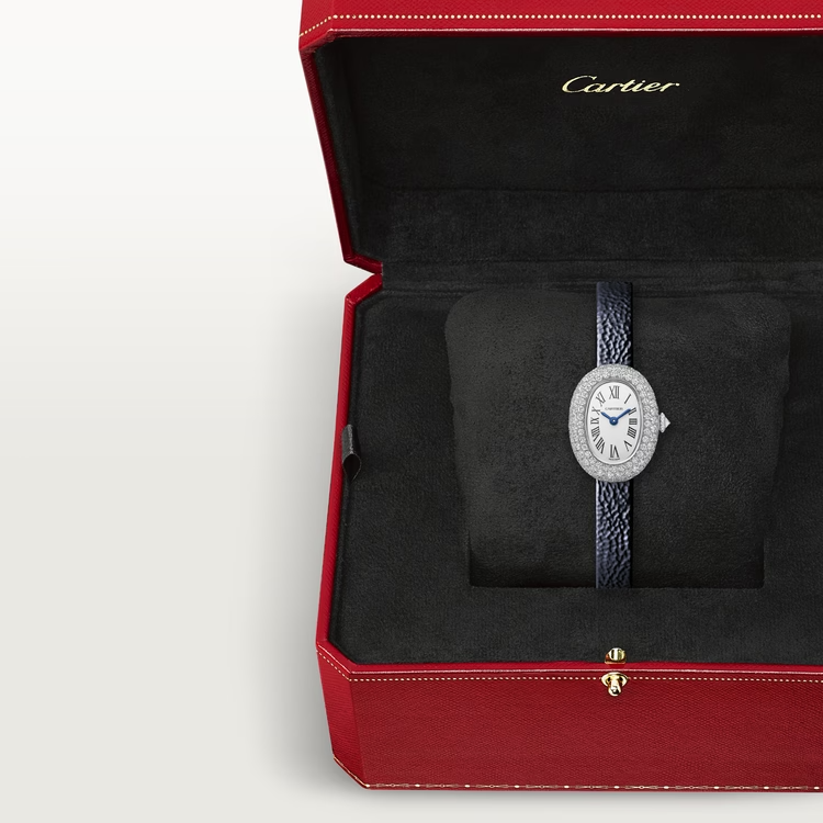 Cartier Baignoire de Cartier White Gold 24.6 MM - Navy Blue Calfskin Strap - Diamond Bezel - Silvered Dial - WJBA0036