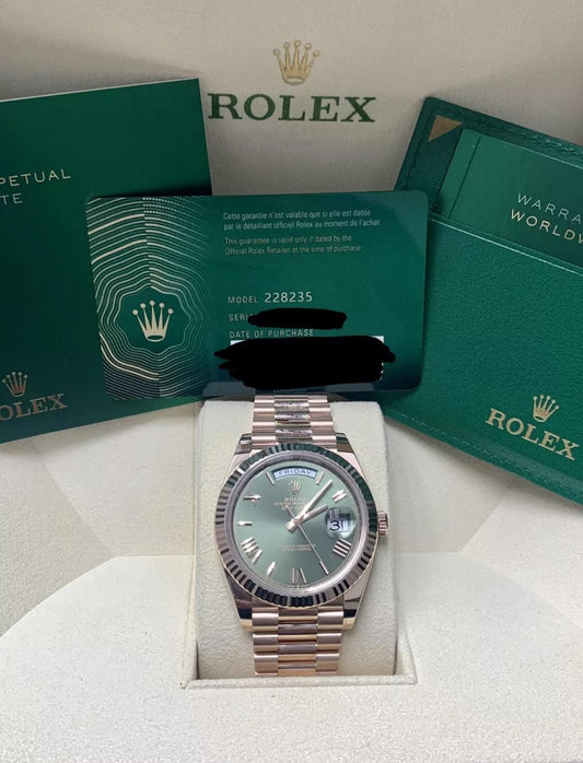 228235 40mm Rose Gold Daydate Olive Dial Brand New 2025 Complete Set $54,999