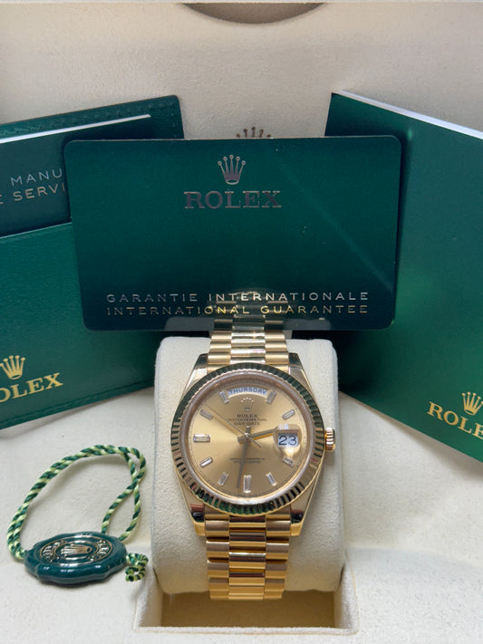 228238 40mm Daydate Yellow Gold Champagne Baguette Like New Complete Set $45,999