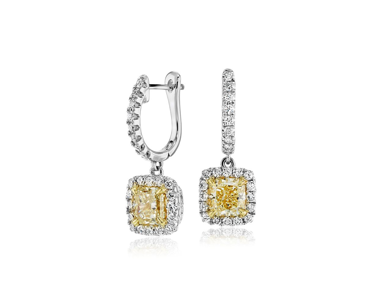 Yellow Diamond Drop Earrings With Halos - 18k White & Yellow Gold - 2 3/8 Ct. Tw. - E-0026YWG18DDH