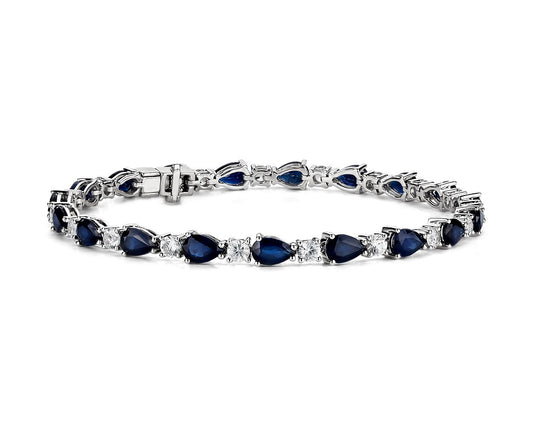 Blue And White Sapphire Bracelet - 14k White Gold - B-0058WG14 BWS