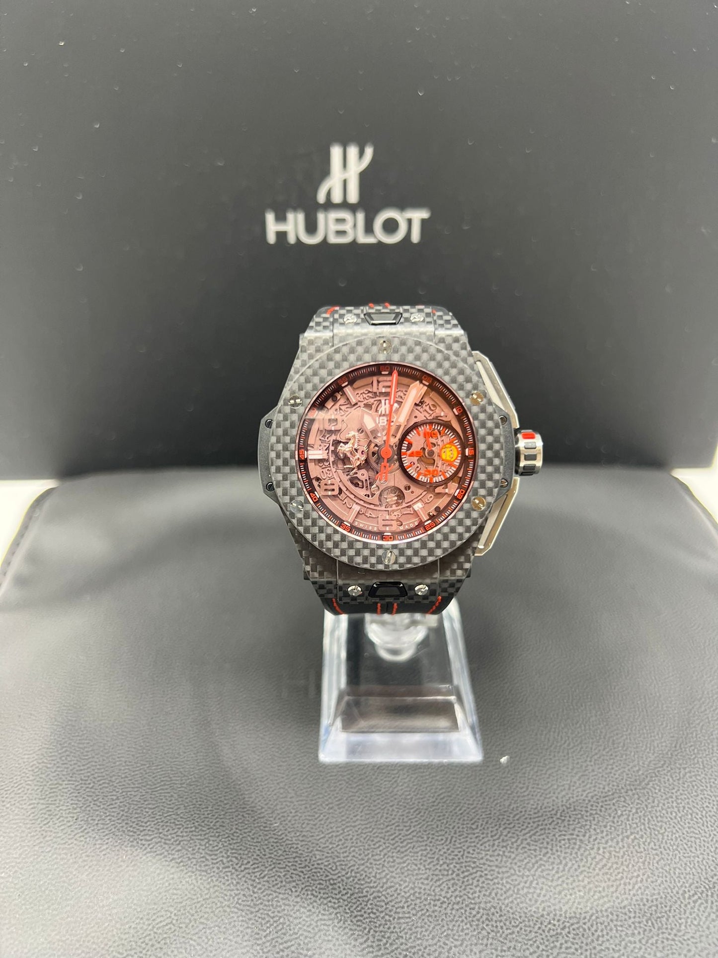 Hublot Big Bang Ferrari Carbon Red Magic 45 MM - Black Leather Strap - Red Skeleton Dial - 401.QX.0123.VR