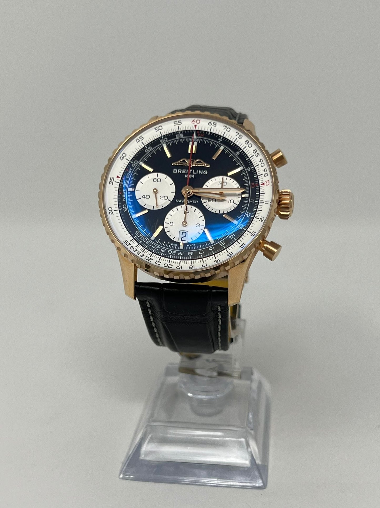 Breitling Navitimer Rose Gold 43 MM - Black Leather Strap - Black Dial - RB0138211B1P1