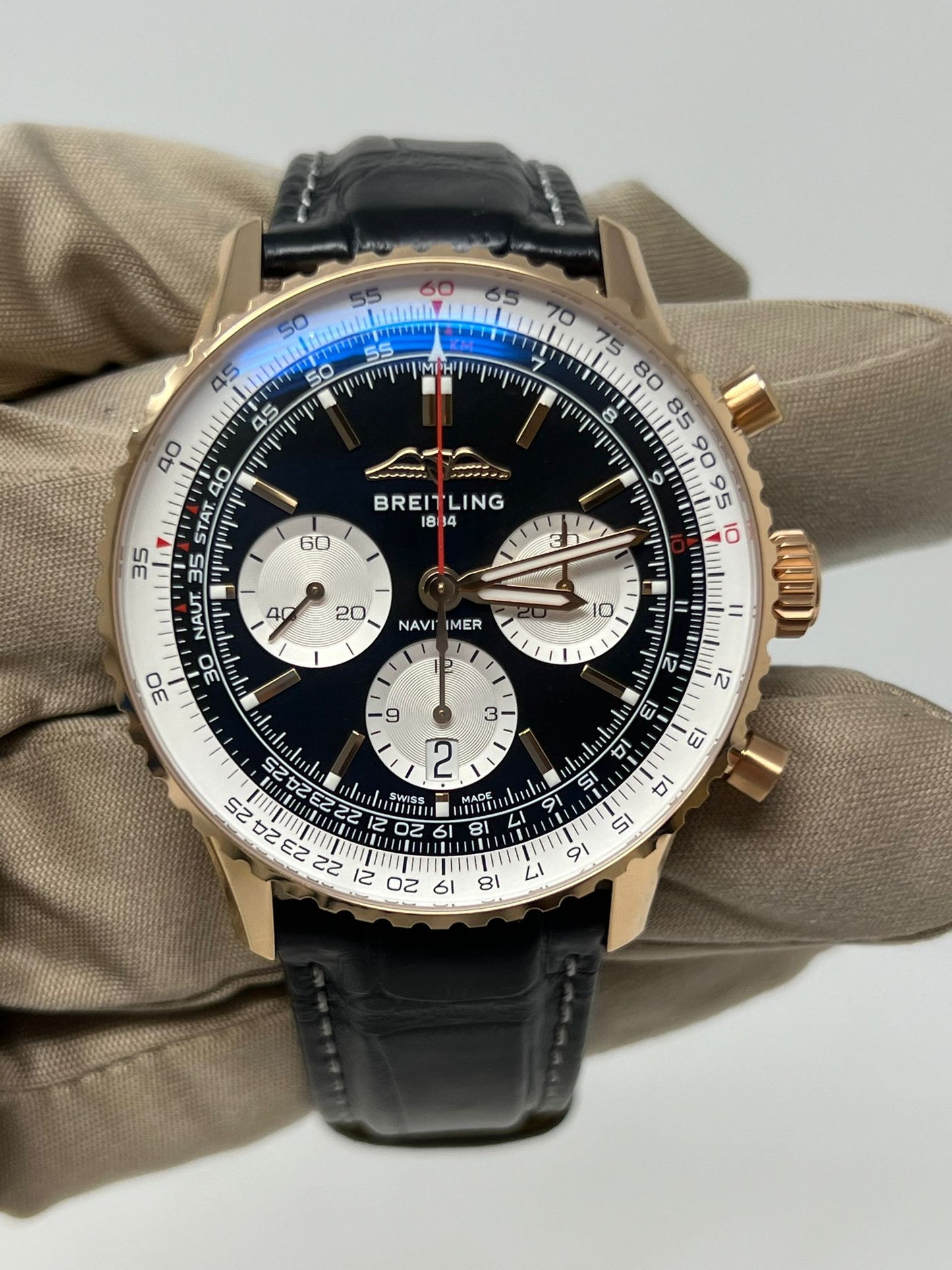 Breitling Navitimer Rose Gold 43 MM - Black Leather Strap - Black Dial - RB0138211B1P1