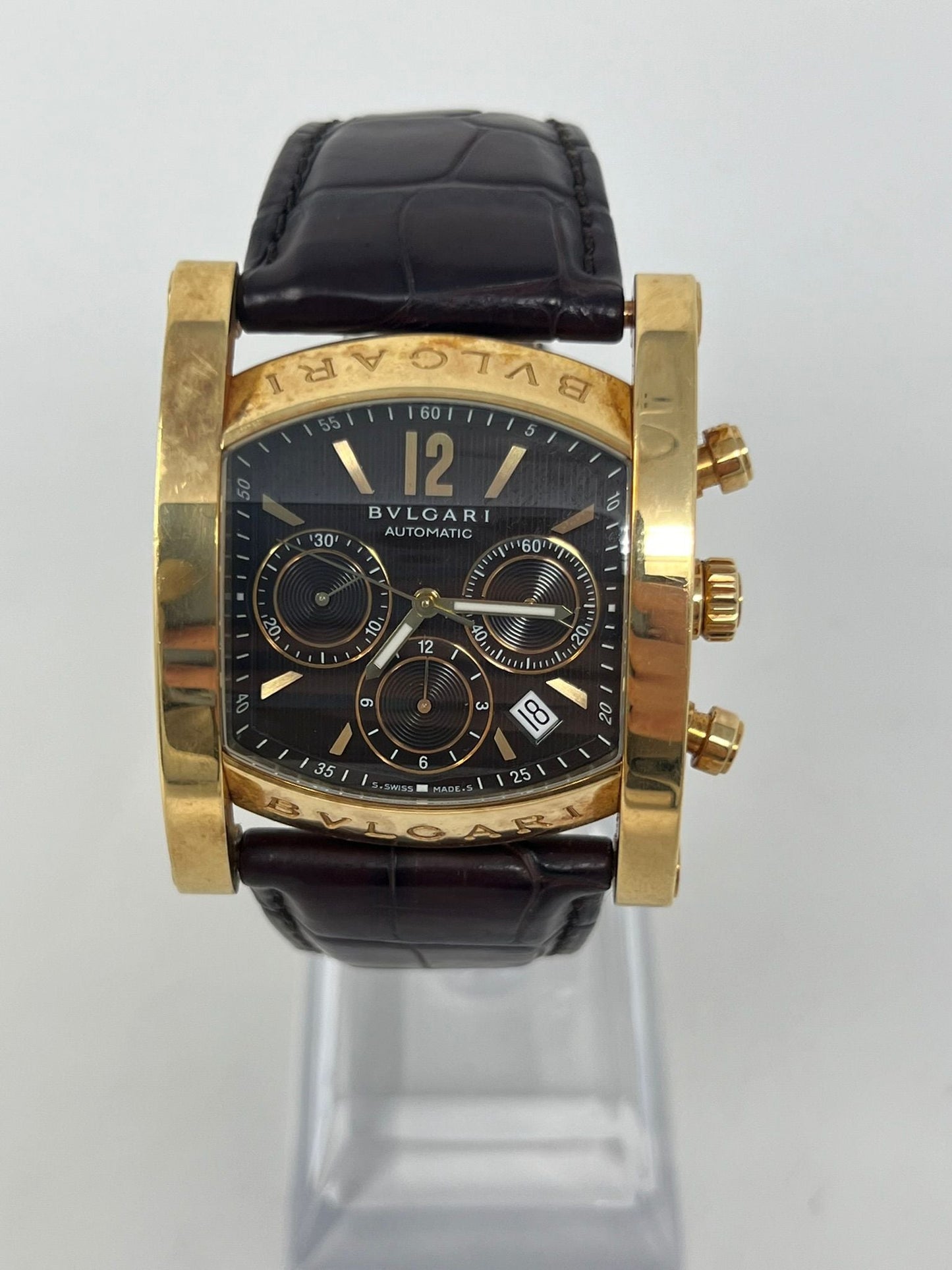 Bvlgari Assioma Yellow Gold 37 MM - Black Leather Strap - Black Dial - AA48 G CH