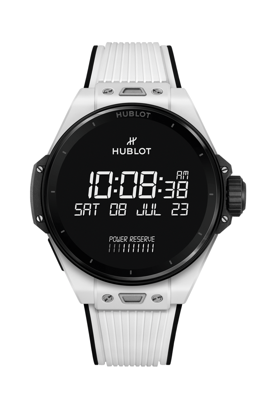 Hublot Big Bang E Gen3 White Ceramic 44 MM - Black and White Striped Structured Rubber Straps - White Ceramic Digital Dial - 450.HX.1100.RX