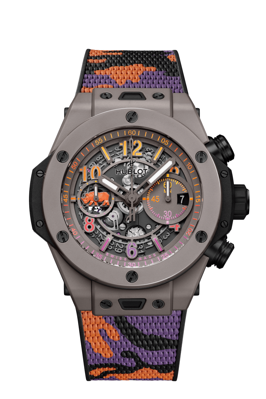 Hublot Big Bang Unico Sorai 44 MM - Black, Purple and Orange Structured Camo Strap - Matte Warm Gray Skeleton Dial - 421.FX.8099.NR.SOA23