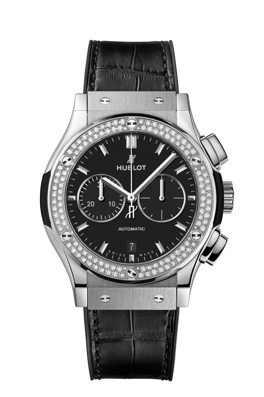 Hublot Classic Fusion Chronograph Titanium Diamonds 42 MM - Black Rubber and Alligator Strap - Diamond Bezel - Matte Black Dial - 541.NX.1171.LR.1104