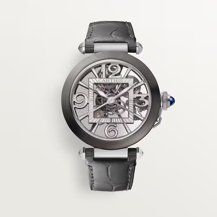 Cartier Pasha de Cartier Steel 41 MM - Dark Gray Alligator Leather Strap - Second Black Alligator Leather Strap - Skeleton Dial - WHPA0017