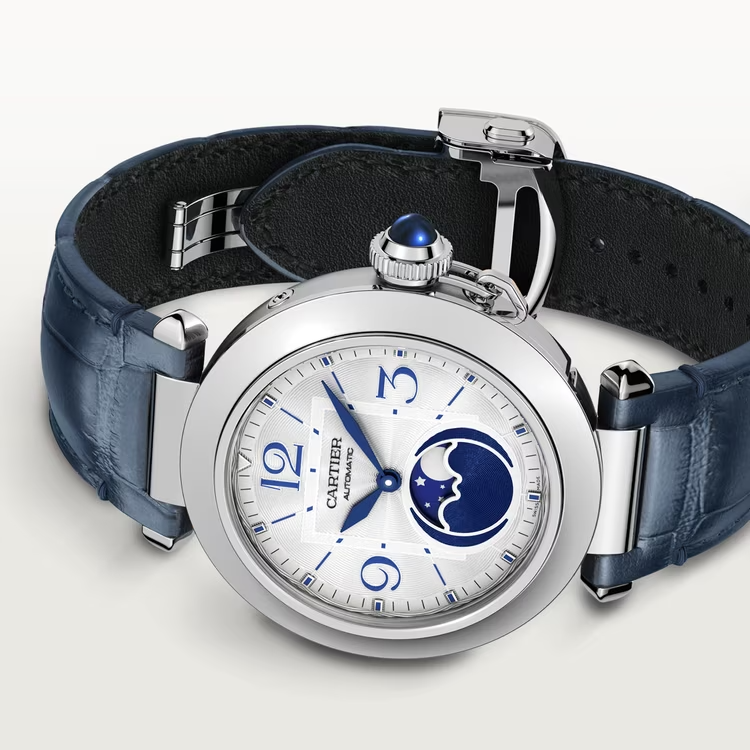 Cartier Pasha de Cartier Steel 41 MM - Blue Alligator Leather Strap - Second Strap in Gray Alligator Leather - Silver Flinqué Dial - WSPA0030