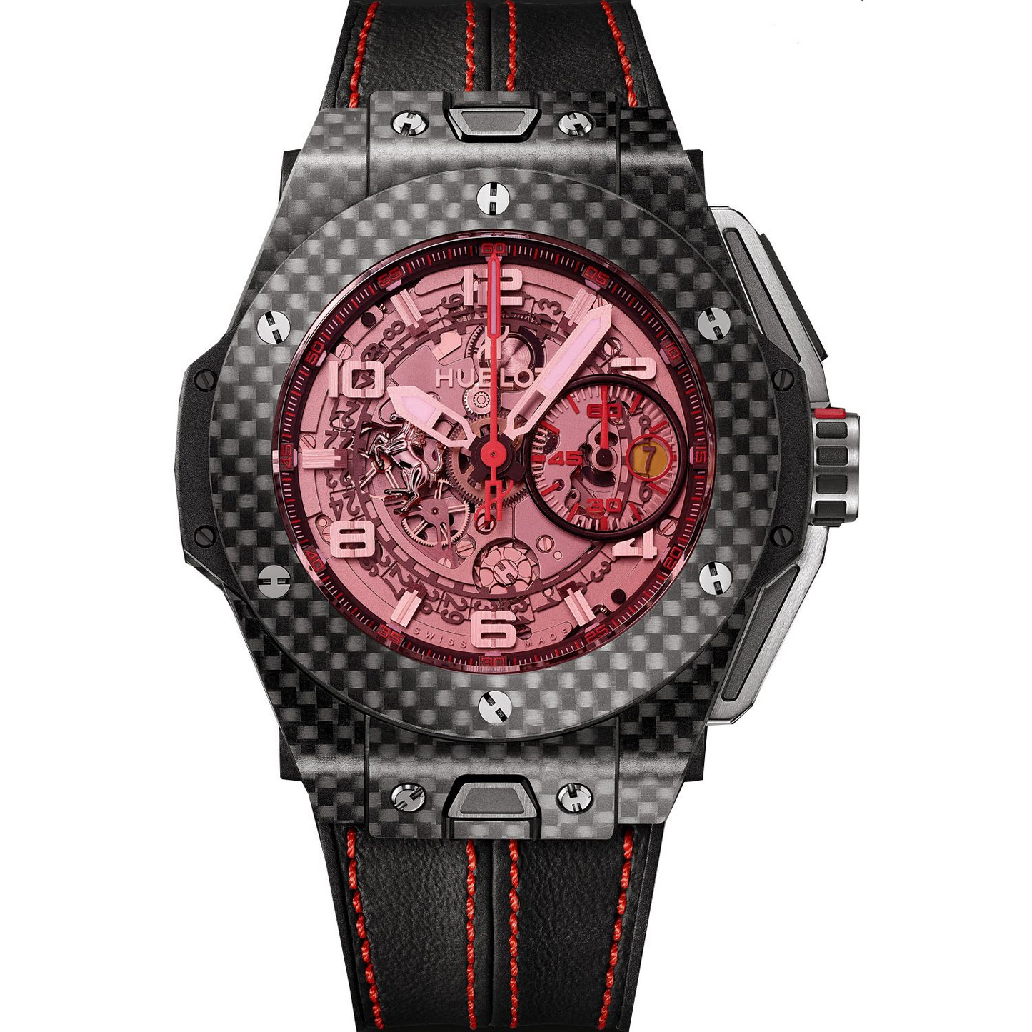 Hublot Big Bang Ferrari Carbon Red Magic 45 MM - Black Leather Strap - Red Skeleton Dial - 401.QX.0123.VR