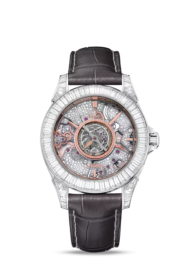Omega De Ville Platinum 38.7 MM - Grey Leather Strap - Diamond Bezel - Skeleton Diamond Dial - 513.98.39.21.56.001