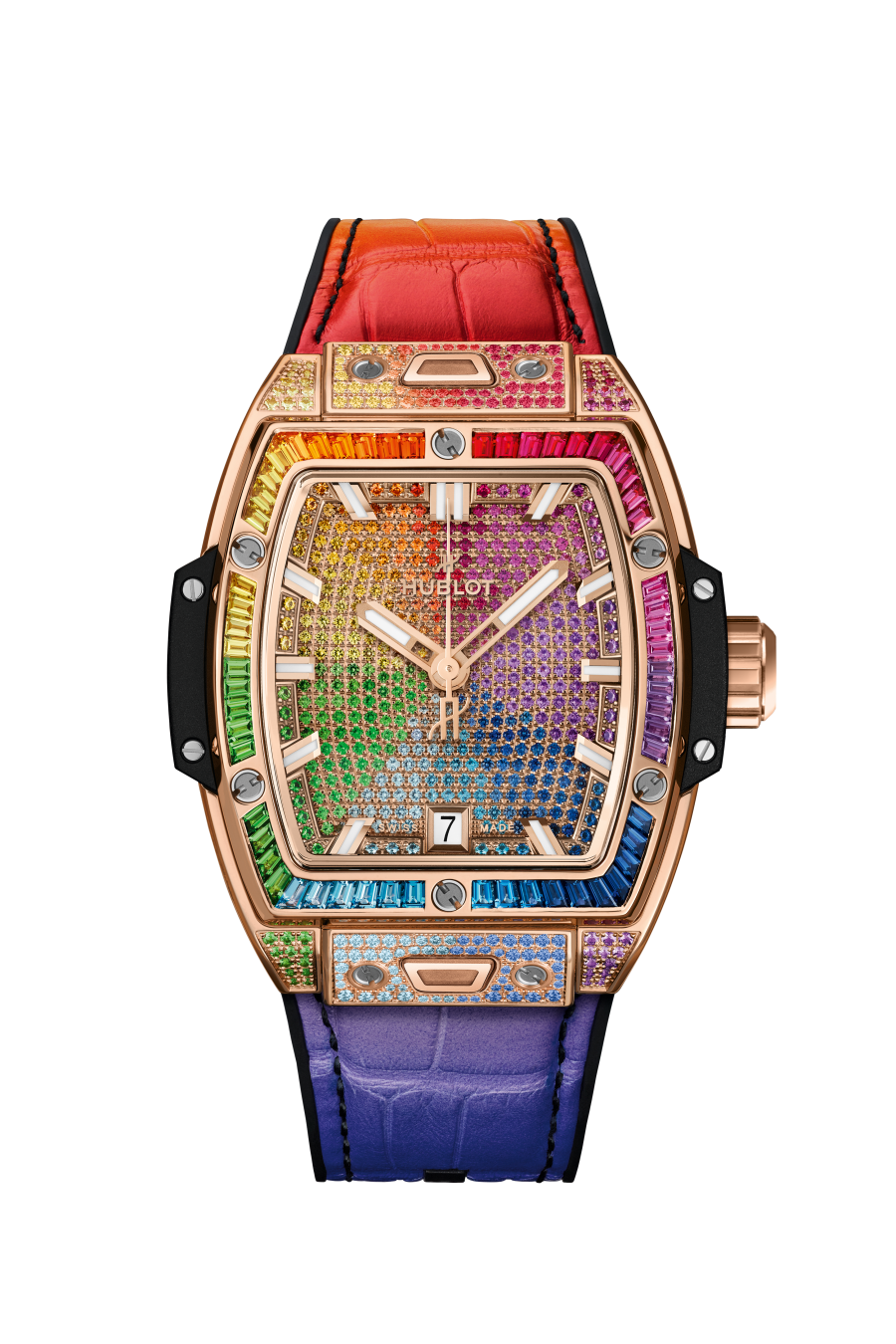 Hublot Spirit of Big Bang King Gold Rainbow 39 MM - Black Rubber and Multicolored Alligator Leather Straps - Diamond Bezel - Colored Gemstones Dial - 662.OX.9900.LR.0999