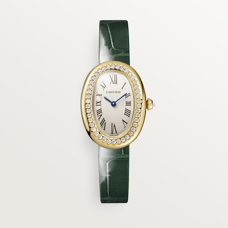 Cartier Baignoire Yellow Gold 31.4 MM - Varnished Green Leather Strap - Diamond Bezel - Silvered Dial - WJBA0038