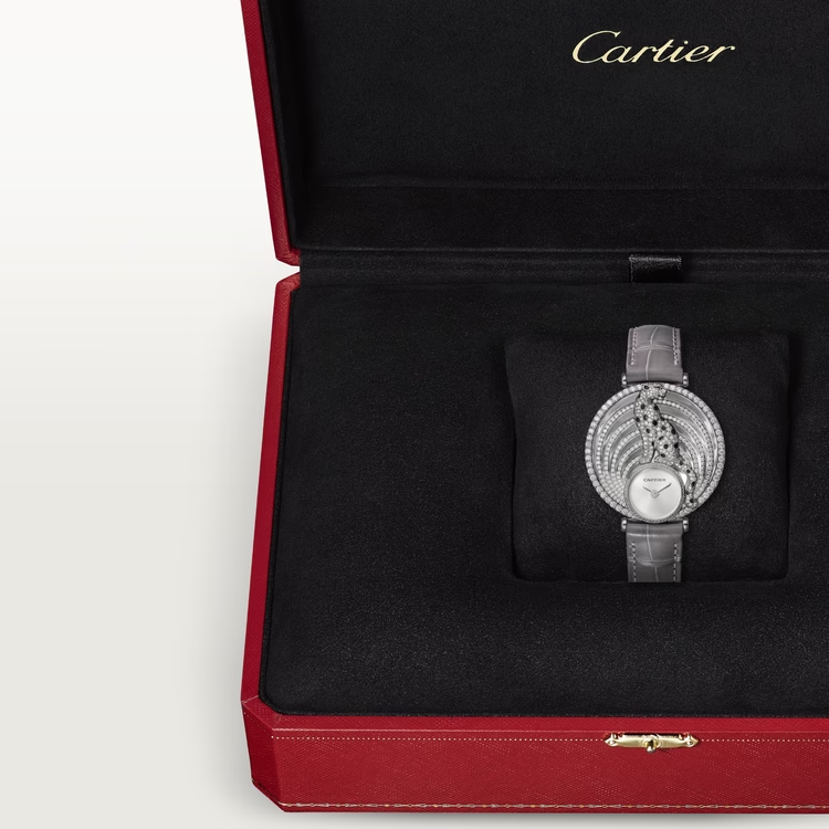 Cartier Panthére White Gold 35 MM - Shiny Gray Alligator Strap - Diamond Bezel - Silvered Sunray Effect Dial - HPI01014
