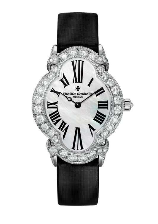 Vacheron Constantin Heure Romantique White Gold 36.2 x 26.5 MM - Black Satin and Leather Strap - Diamond Bezel - Mother-of-Pearl Dial - 37640/000G-B030