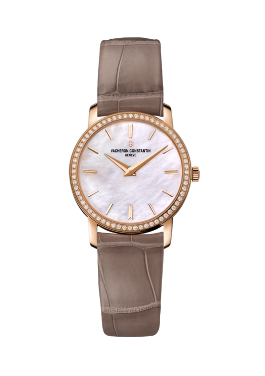 Vacheron Constantin Traditionnelle Pink Gold 30 MM - Brown Leather Strap - Diamond Bezel - White Mother-of-Pearl Dial - 25558/000R-B156