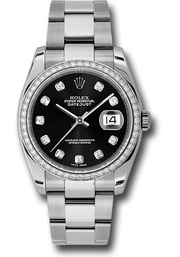 Rolex Stainless Steel And White Gold Datejust - 36 MM - Oyster Bracelet - Diamond Bezel -Black Diamond Dial  - 116244 bkdo