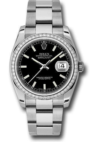 Rolex Stainless Steel And White Gold Datejust - 36 MM - Oyster Bracelet - Diamond Bezel - Black Index Dial - 116244 bkio