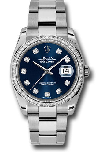 Rolex Stainless Steel And White Gold Datejust - 36 MM - Oyster Bracelet - Diamond Bezel -  Blue Diamond Dial - 116244 bldo