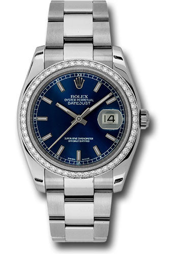 Rolex Stainless Steel And White Gold Datejust - 36 MM - Oyster Bracelet - Diamond Bezel -  Blue Index Dial - 116244 blio