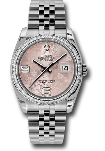 Rolex Stainless Steel And White Gold Datejust - 36 MM - Jubilee Bracelet - Diamond Bezel - Pink Floral Arabic Dial - 116244 pfaj