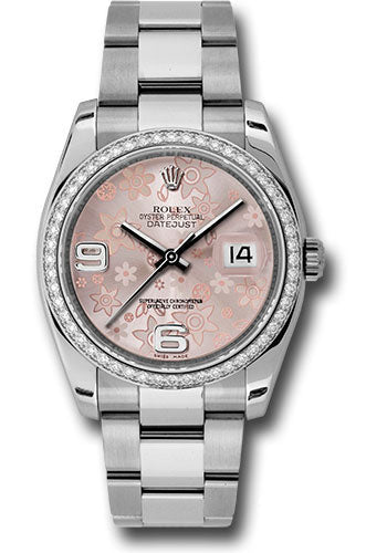 Rolex Stainless Steel And White Gold Datejust - 36 MM - Oyster Bracelet - Diamond Bezel - Pink Floral Dial - 116244 pfao