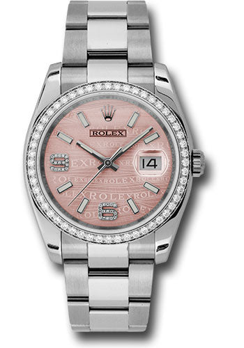 Rolex Stainless Steel And White Gold Datejust - 36 MM - Oyster Bracelet - Diamond Bezel - Pink Wave Diamond Dial - 116244 pwdao