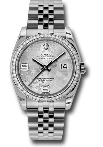 Rolex Stainless Steel And White Gold Datejust - 36 MM - Jubilee Bracelet - Diamond Bezel - Silver Floral Arabic Dial - 116244 sfaj