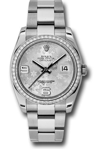 Rolex Stainless Steel And White Gold Datejust - 36 MM - Oyster Bracelet - Diamond Bezel - Silver Floral Dial - 116244 sfao