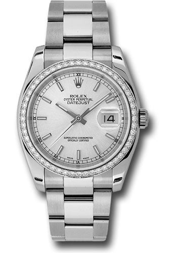 Rolex Stainless Steel And White Gold Datejust - 36 MM - Oyster Bracelet - Diamond Bezel - Silver Index Dial - 116244 sio