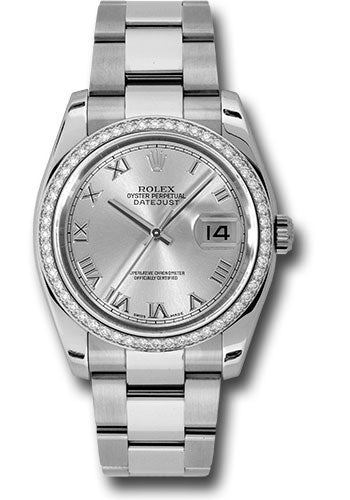 Rolex Stainless Steel And White Gold Datejust - 36 MM - Oyster Bracelet - Diamond Bezel - Silver Roman Dial - 116244 sro